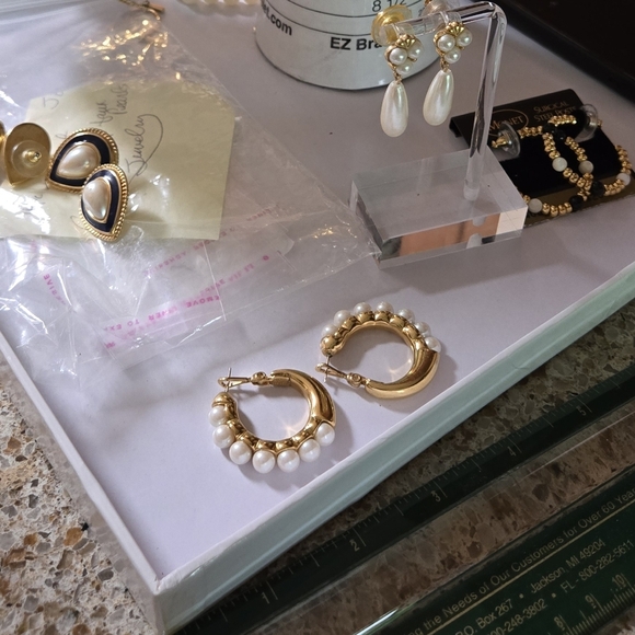 Monet Gold Tone Pearl Hoop Earrings - Picture 15 of 16